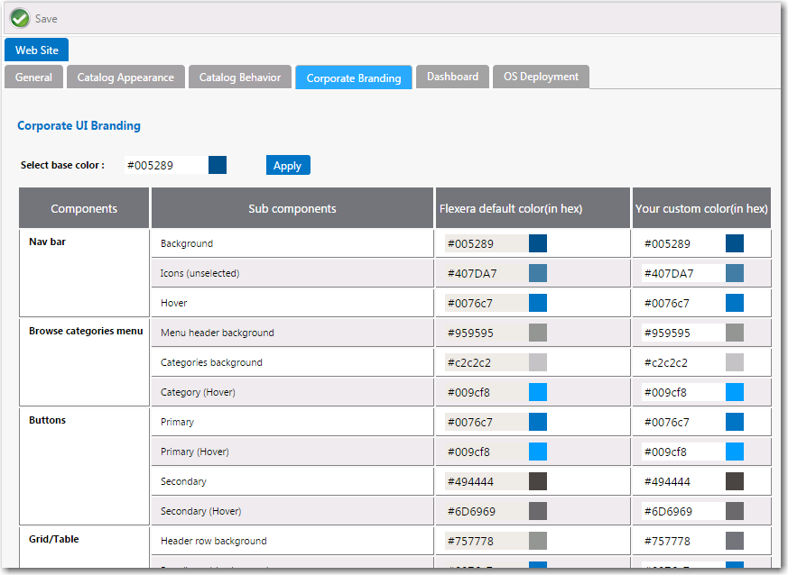 Settings > Web Site > Corporate Branding Tab