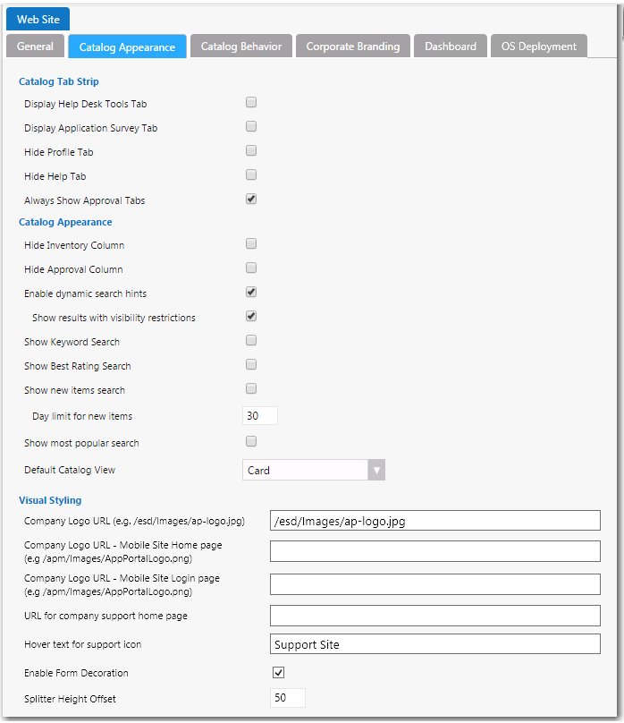 Settings > Web Site View / Catalog Appearance Tab